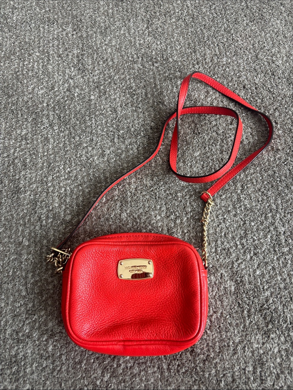 Michael Kors Red Pebbled Leather Camera Crossbody with Gold Chain Detail